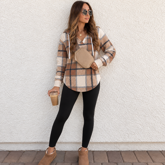 V-Neck Button-Up Hooded Checkered Long-Sleeve Pullover Sweatshirt