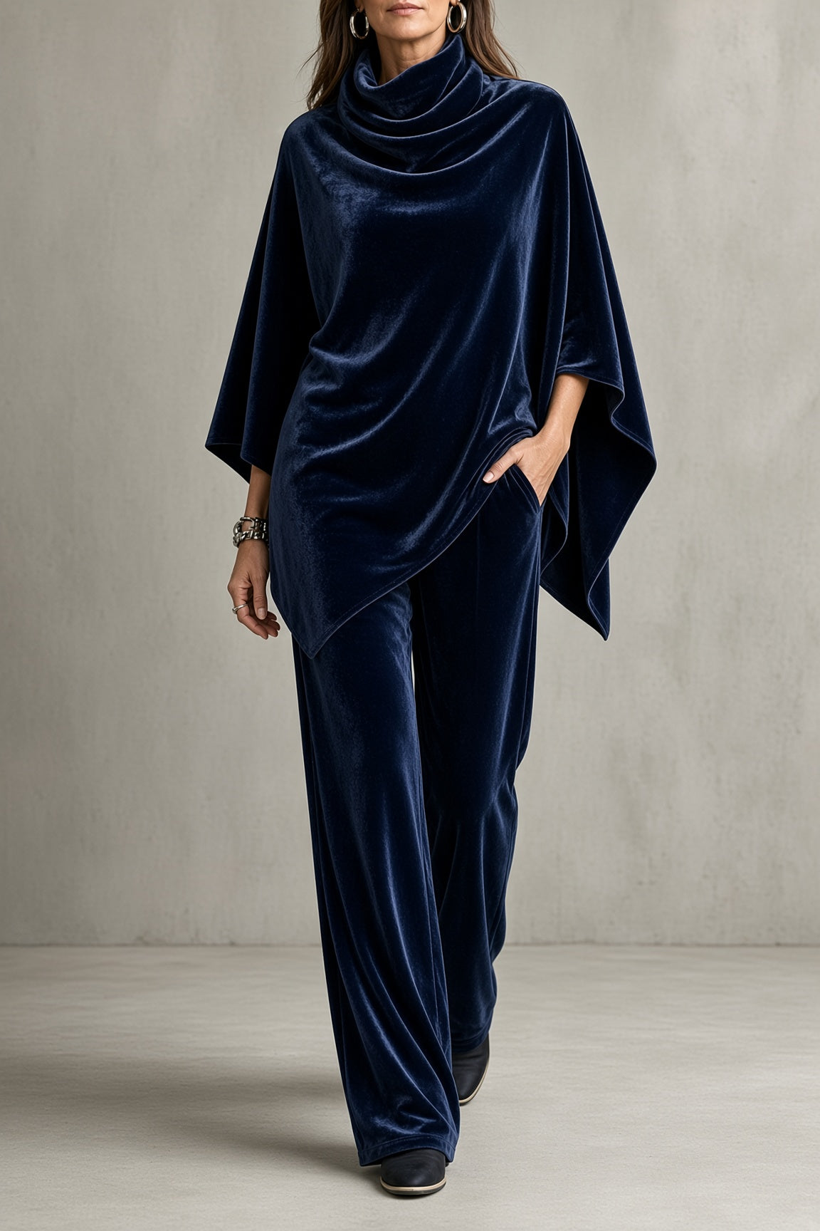 Elegant Draped Cowl Neck Wide-Leg Two-Piece Set