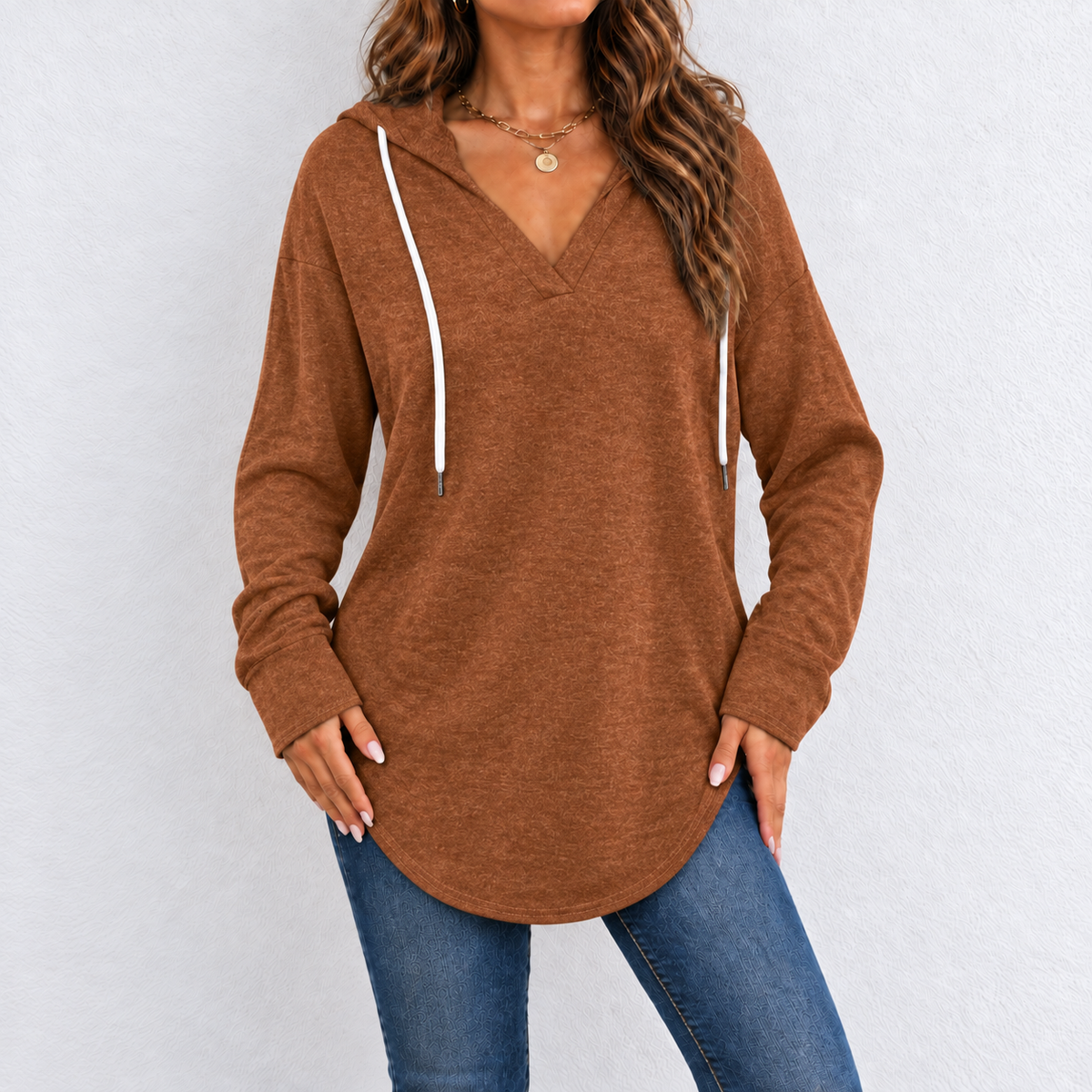 V-Neck Button-Up Hooded Checkered Long-Sleeve Pullover Sweatshirt