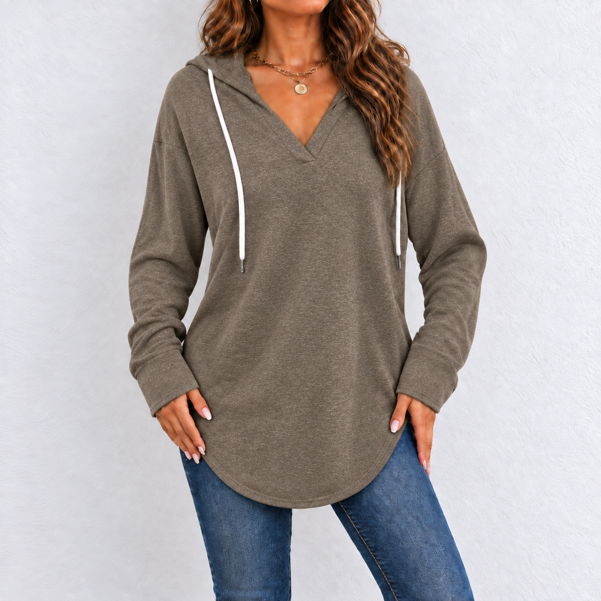 V-Neck Button-Up Hooded Checkered Long-Sleeve Pullover Sweatshirt