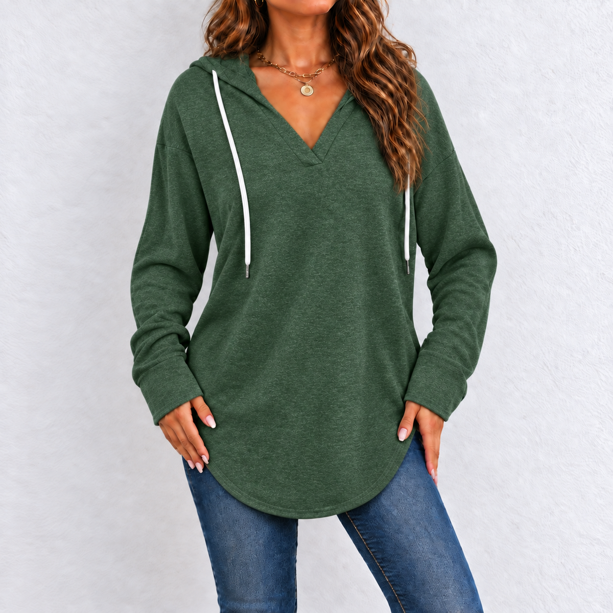 V-Neck Button-Up Hooded Checkered Long-Sleeve Pullover Sweatshirt