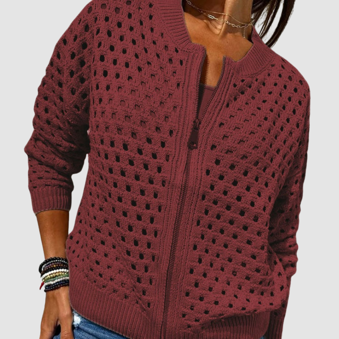 Women's Casual Openwork Knit Zipper Jacket