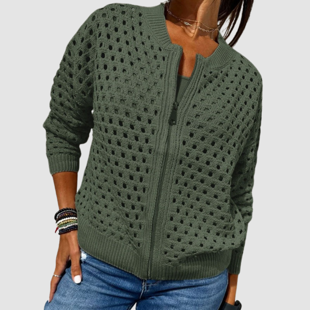 Women's Casual Openwork Knit Zipper Jacket