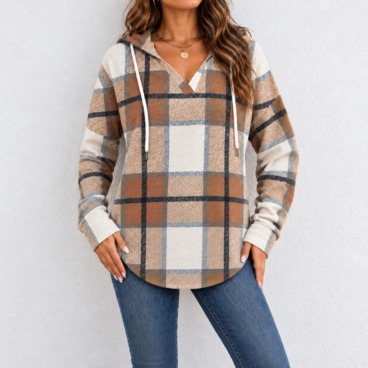 V-Neck Button-Up Hooded Checkered Long-Sleeve Pullover Sweatshirt