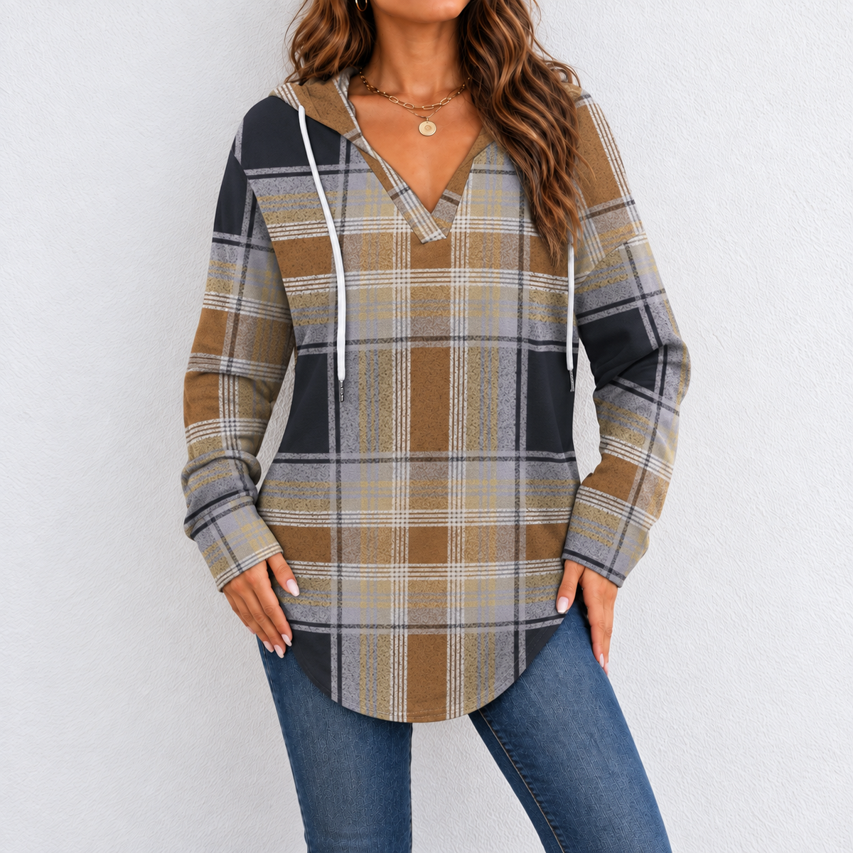 V-Neck Button-Up Hooded Checkered Long-Sleeve Pullover Sweatshirt