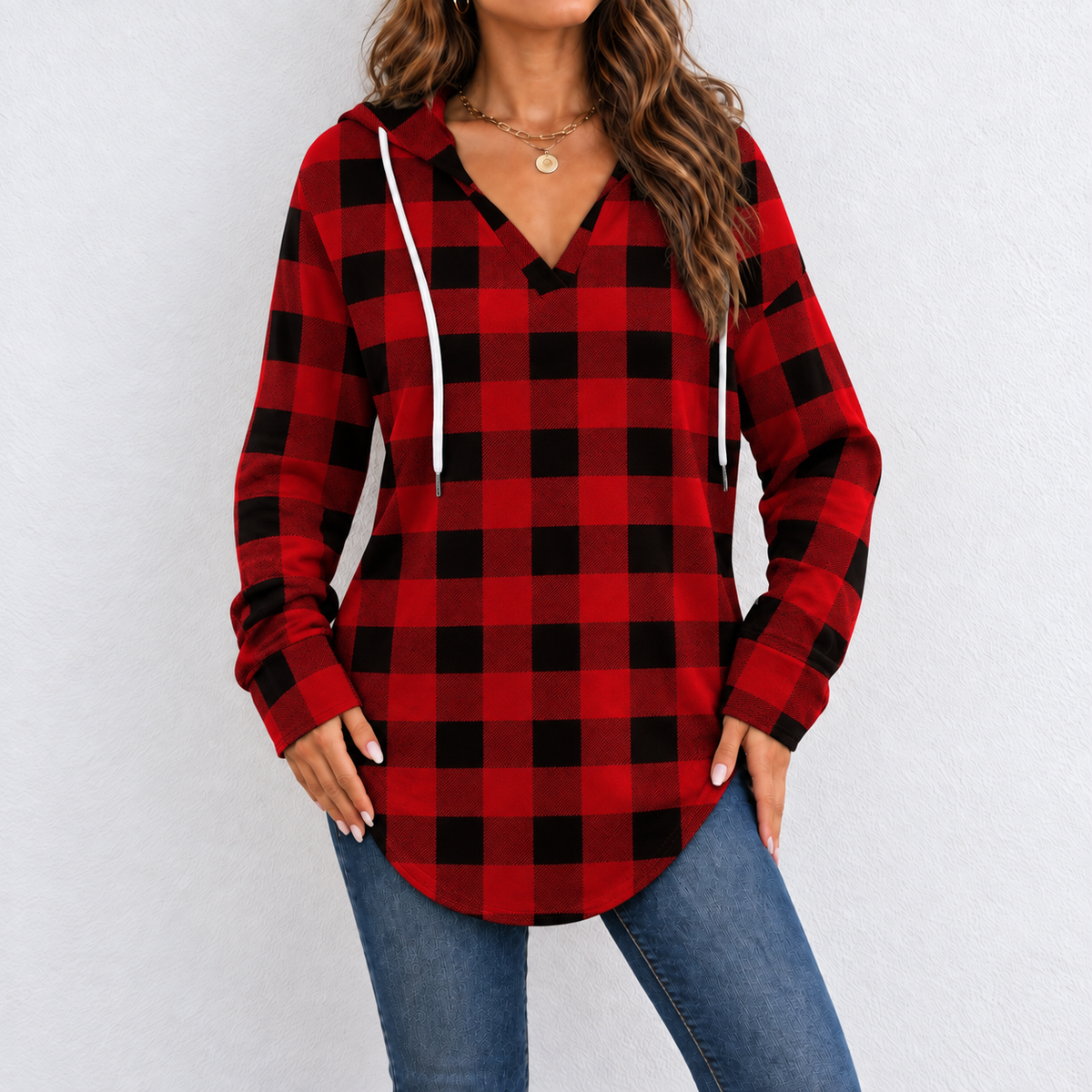 V-Neck Button-Up Hooded Checkered Long-Sleeve Pullover Sweatshirt