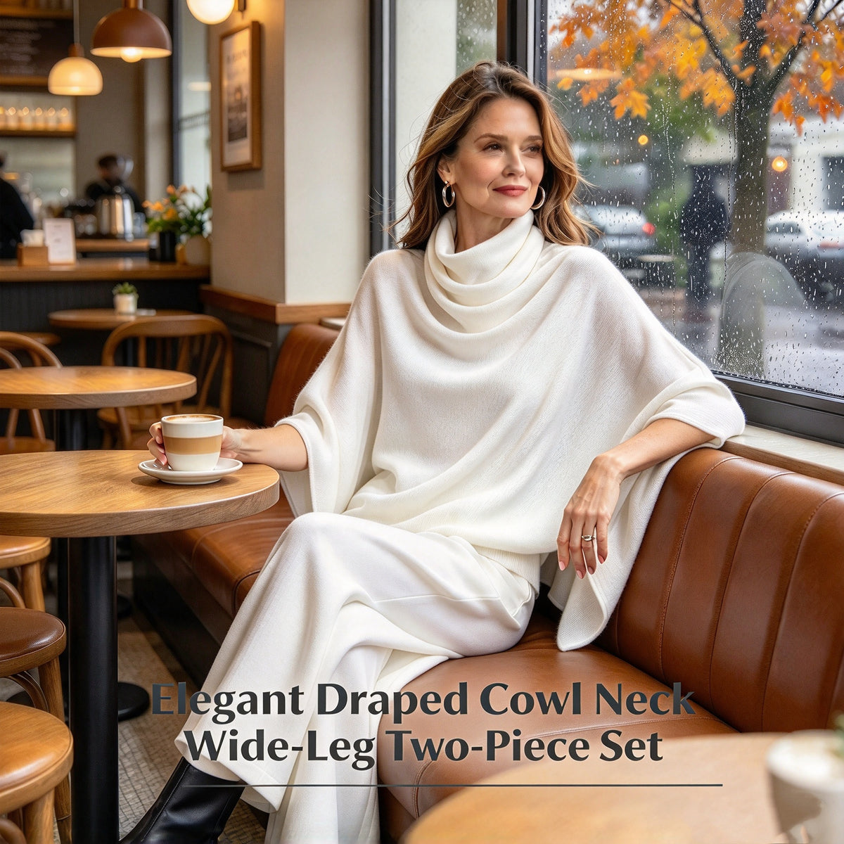 Elegant Draped Cowl Neck Wide-Leg Two-Piece Set