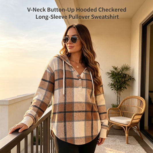 V-Neck Button-Up Hooded Checkered Long-Sleeve Pullover Sweatshirt