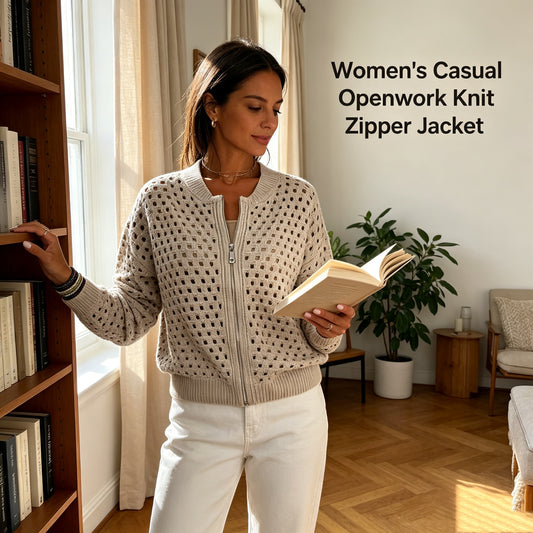 Women's Casual Openwork Knit Zipper Jacket