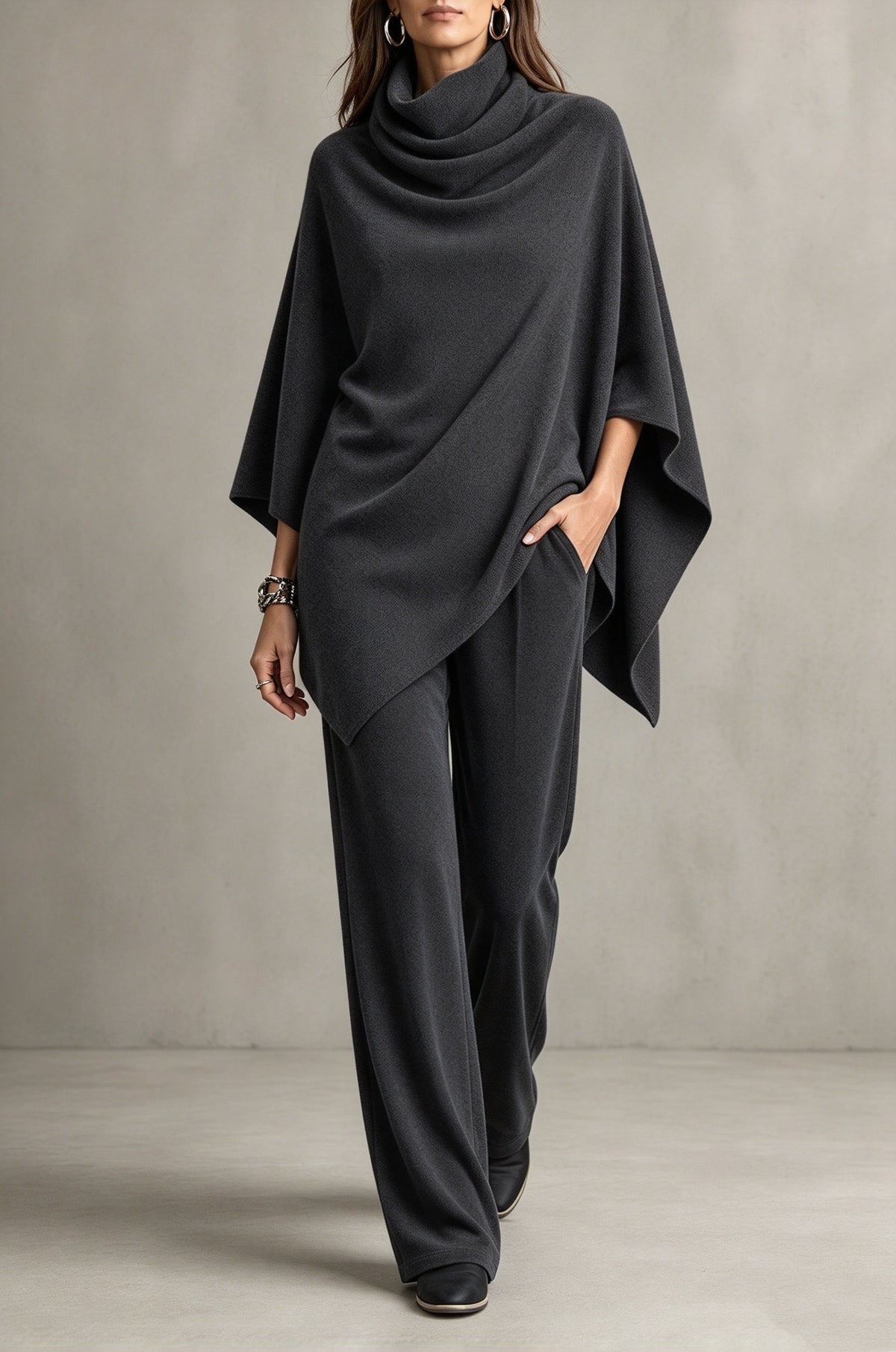 Elegant Draped Cowl Neck Wide-Leg Two-Piece Set