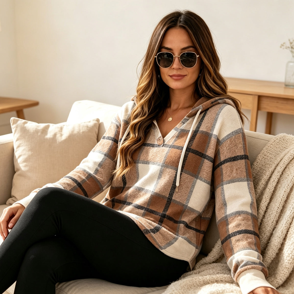 V-Neck Button-Up Hooded Checkered Long-Sleeve Pullover Sweatshirt