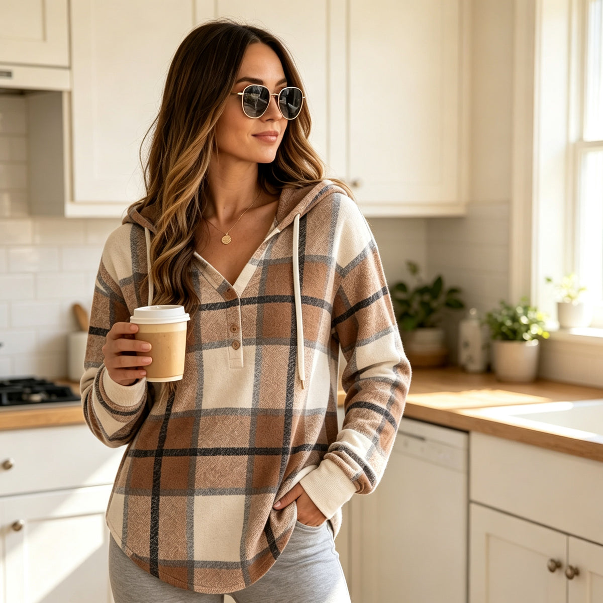 V-Neck Button-Up Hooded Checkered Long-Sleeve Pullover Sweatshirt