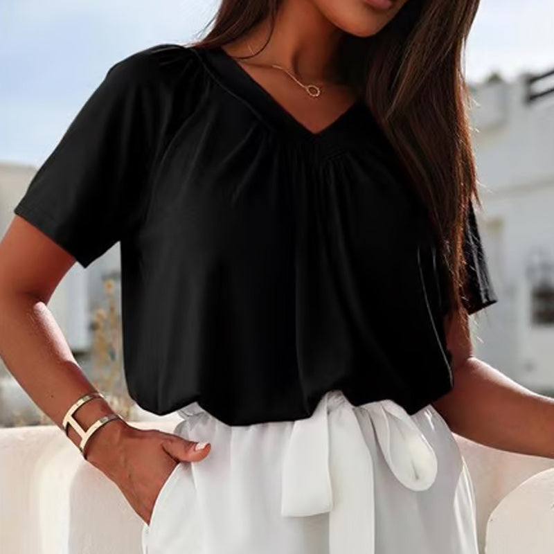 Women's Casual Pleated V-Neck Short-Sleeve Top