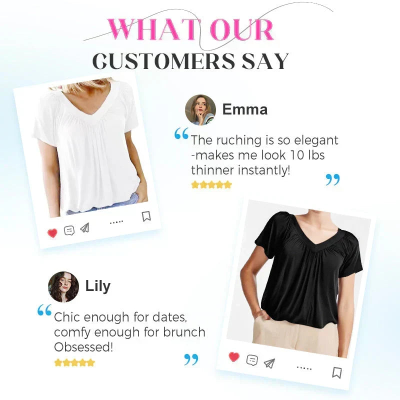 Women's Casual Pleated V-Neck Short-Sleeve Top